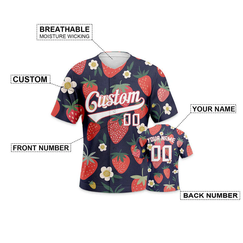 Custom Navy Red-White 3D Pattern Design Strawberry Authentic Baseball Jersey